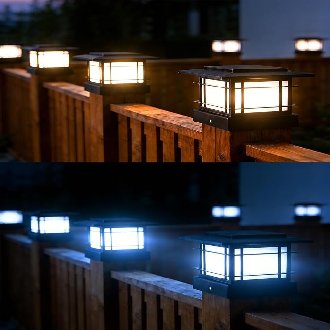 Dynaming 4x4 Solar Post Cap Lights Outdoor with 2 Color Modes, 6 Pack Upgrade Fence Post Solar Lights Black Shell for 4x4 Vinyl/Wooden Posts, Brightness LED Lighting Decor for Garden Deck Patio