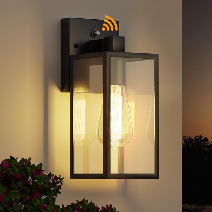 Dusk to Dawn Exterior Lighting Fixtures, Outdoor Porch Light Wall Sconce | 10.65 inch, Anti-Rust Metal Frame, Tempered Glass, E26 Base, Waterproof, Sensor Wall Lantern for Patio, Garage, Entryway