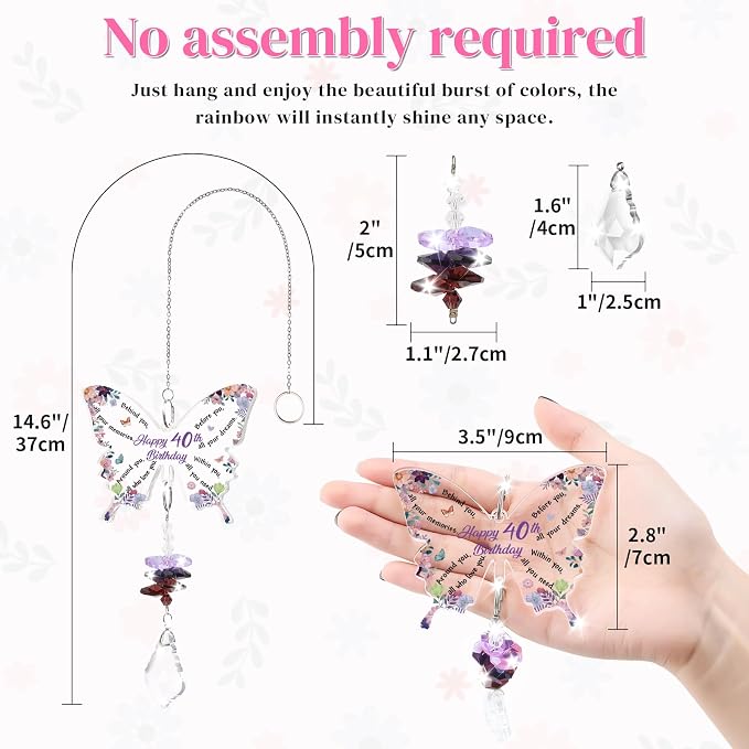 Funnli 40th Birthday Gifts Women, 40th Birthday Decorations Suncatcher | 40 Year Old Bday Gift for Friends Sister Mom Grandma Window Hangings Home Decoration, 40th Birthday Decorations for Women