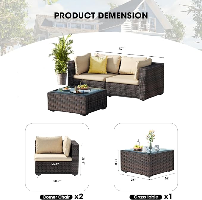 3 Piece Patio Furniture Set All Weather PE Rattan Outdoor Sectional Sofa Couch with No-Slip Cushions and Glass Top Table for Garden, Poolside, Backyard (Beige)