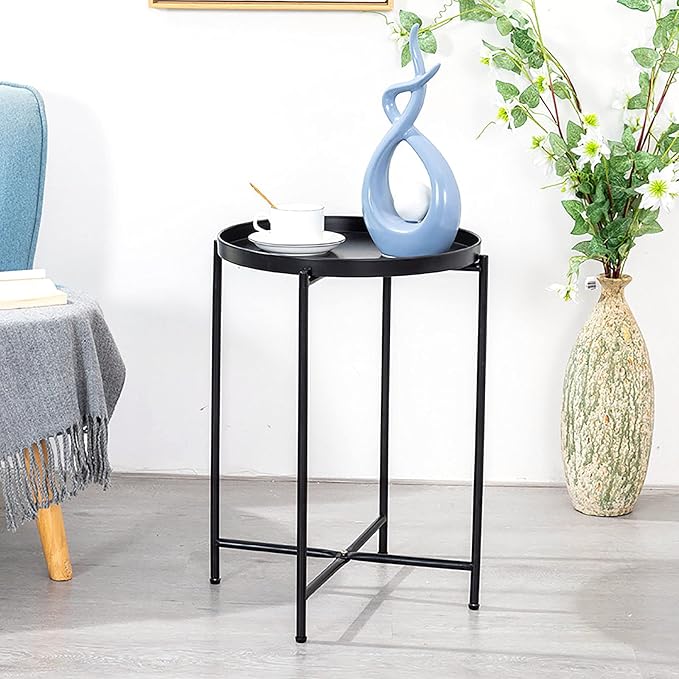 Tray Metal Round End Table Folding Small Side Table Outdoor & Indoor Coffee Table for Small Spaces Bedroom Patio,Black