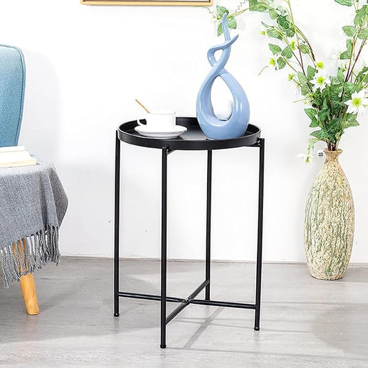 Tray Metal Round End Table Folding Small Side Table Outdoor & Indoor Coffee Table for Small Spaces Bedroom Patio,Black
