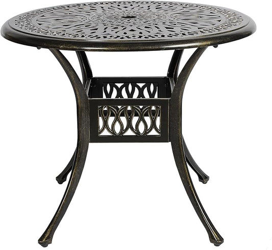 VIVIJASON 35.4" Outdoor Patio Dining Round Table Bronze Cast Aluminum Rustic Large Patio Table with Umbrella Hole