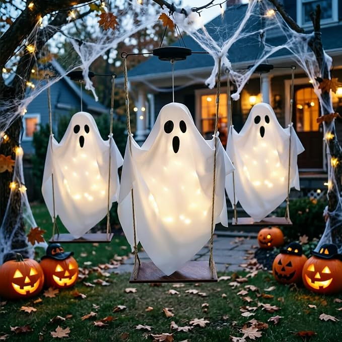 Halloween Decorations Outdoor Solar Hanging Swing Ghost Halloween Decor with String Lights, 2 Pack Scary Party Gifts Decor, Spooky Ghost on Swing Decorations for Yard Garden Porch Haunted House Tree