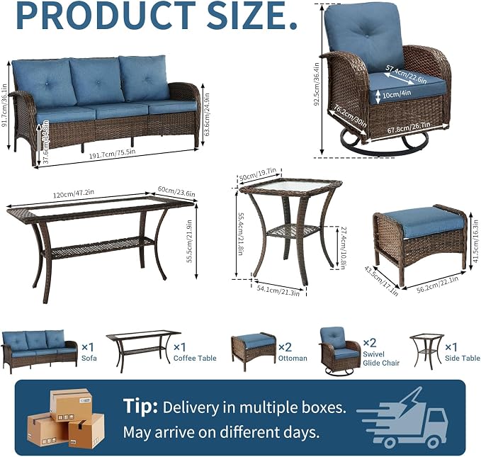 All Weather Patio Furniture Set, High Back Swivel Rocker Glider Chairs，Ottomans & Glass Tables, Outdoor Conversation Set for Deck Porch Yard Poolside (Blue, 7PCS-Sofa&Swivel Chairs&Ottomans&Tables)