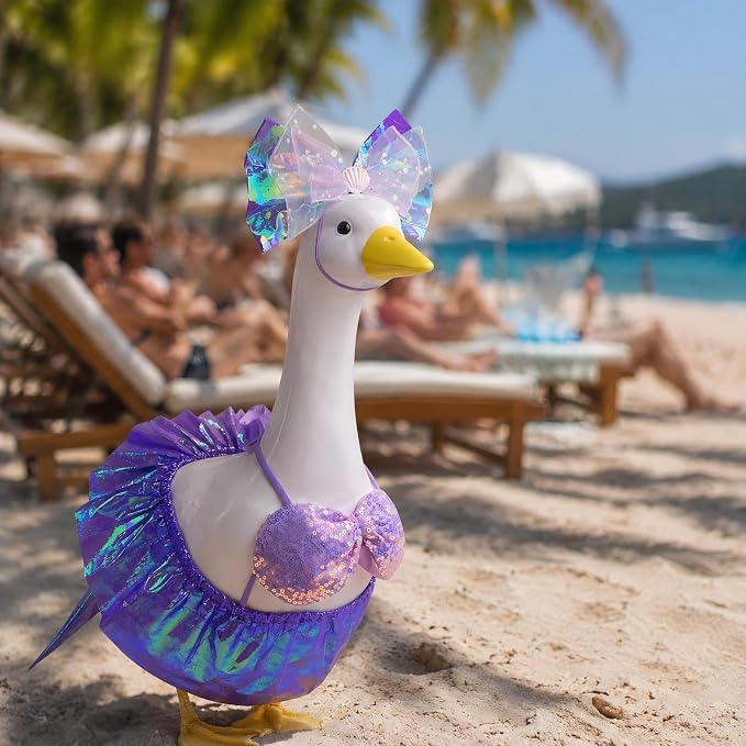Lawn Goose Outfit Bikini Costume Set, Summer Porch Goose Outfit With Headband Sequin Top Ruffle Skirt Clothes, Fits Standard 23 Inch Porch Goose Statue, Outdoor Garden Yard Decor (Iridescent Purple)