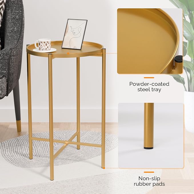 VINGLI Round Metal Side Table with Removable Tray, Outdoor Patio Coffee Table, Waterproof End Table for Small Spaces, Outdoor Patio, Living Room, Bedroom, Balcony (X-Brace & Non-Slip Pads) (2, Gold)
