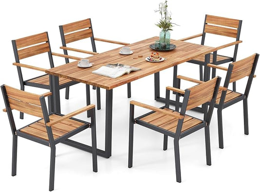RELAX4LIFE 7-Piece Outdoor Dining Set - 63’’ Rectangular Acacia Wood Table w/6 Stackable Chairs & Metal Frame, Patio Furniture Set with Umbrella Hole for Garden Porch, Patio Table and Chairs Set for 6