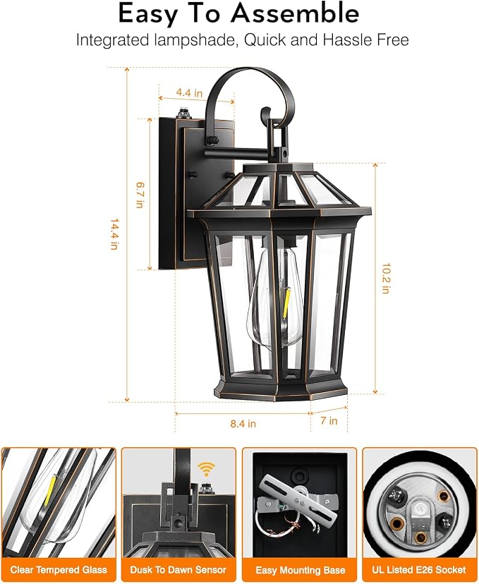 VIANIS Dusk to Dawn Exterior Light Fixture, Waterproof Outdoor Wall Sconce Porch Light for House, 100% Anti-Rust Aluminum Outside House Lights, Farmhouse Coach Lantern for Garage, Front Door 2Pcs