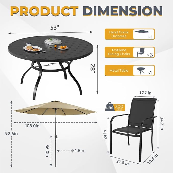Incbruce 8 PCS Patio Dining Set with Brown Umbrella, Outdoor Dining Set of 6 Textilene Chairs and 53" Round Table with Umbrella Hole for Backyard, Garden, and Poolside (Black)