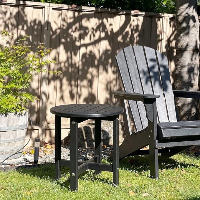 Outdoor Side Table for Patio Round HDPE Outdoor End Table with Storage Shelf，Plant Stand Tables for Patio Porch Balcony Garden,Weatherproof，Black