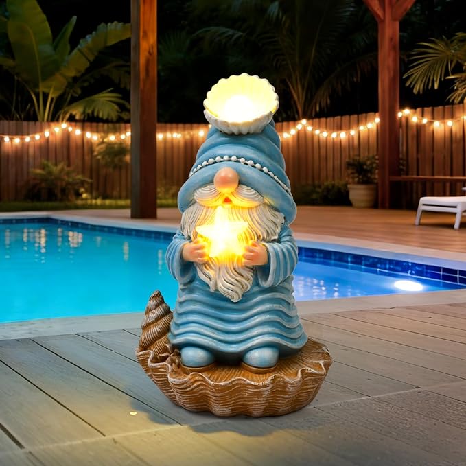 GIGALUMI Garden Gnome Statue, Solar Gnomes Ocean Themed Outdoor Decor, Decoration for Patio Yard Lawn Beach Room, Christmas/Birthday Gift for Mom Women