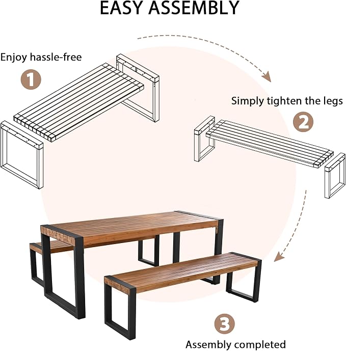 3-Pieces Outdoor Dining Table with 2 Benches, Patio Dining Set with Unique Top Texture, Acacia Wood Top & Steel Frame, All Weather Use, for Outdoor & Indoor, Natural