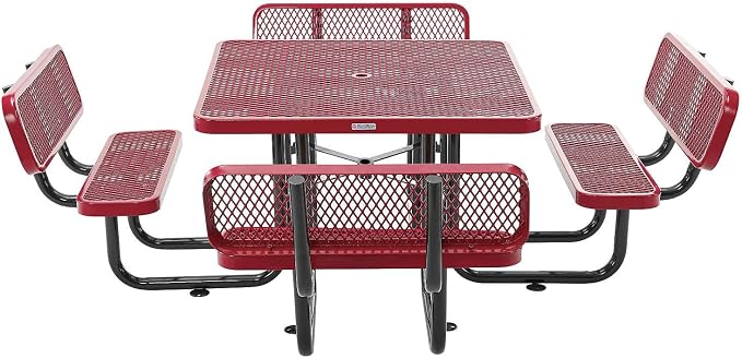 Global Industrial 46" Square Picnic Table with Backrests, Expanded Metal, Red Thermoplastic Coating, 1-1/2" Umbrella Hole, Outdoor-Rated, 1000 Lbs Capacity