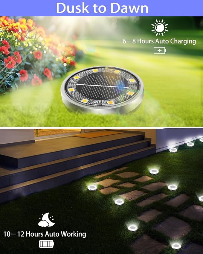 Solar Lights Outdoor Waterproof, 2 Pack 8 LED, Thickened Stainless Steel Ground Light, Solar Garden Lights Landscape Lighting for Patio Pathway Lawn Yard Deck Driveway Walkway, Cool White