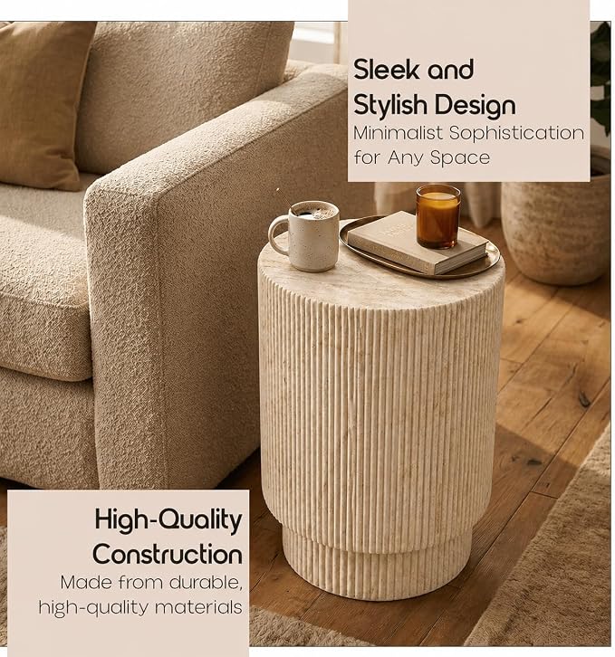 LeisureMod Eden Modern Side End Table – Indoor and Outdoor Accent Table for Living Room, Bedroom, Patio, Balcony, Porch, Garden, Small Spaces in Travertine