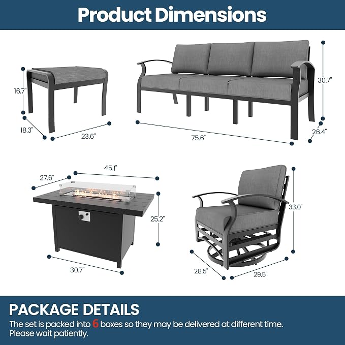 Aluminum Outdoor Patio Furniture Set,6 Pieces 5 Seats Patio Conversation Sets with 45" Propane Fire Pit Table,Metal Furniture Set with 2 Swivel Rocking Chairs & 2 Ottomans,Grey
