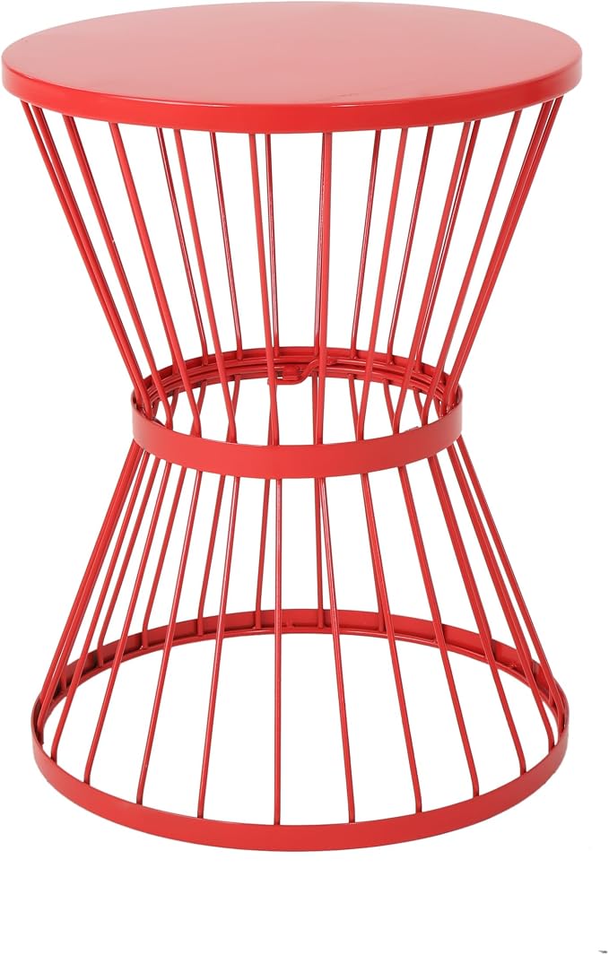Small Patio Side Table, Metal Outdoor End Table, Round Accent Table for Balcony Garden Porch, with Modern Wire Frame, Lightweight for Outdoor Indoor Use, Red (Red)