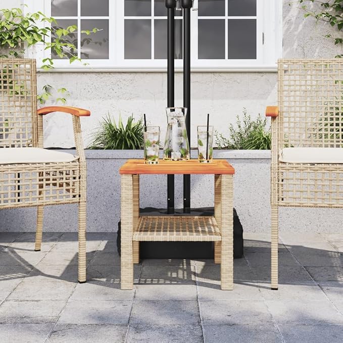 Patio Table & Outdoor Table Beige PE Rattan Picnic Table Pool Side Table for Balcony Deck Yard 15.7 x 15.7 x 16.5 in