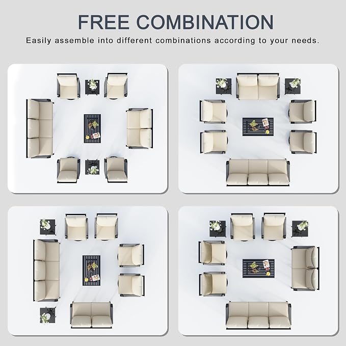 9 Pieces Patio Furniture Set, Metal Outdoor Conversation Sets with Swivel Chairs, Modern Couch Sofa Seating Group with Coffee Table and Side Table (Thick Beige Cushions)