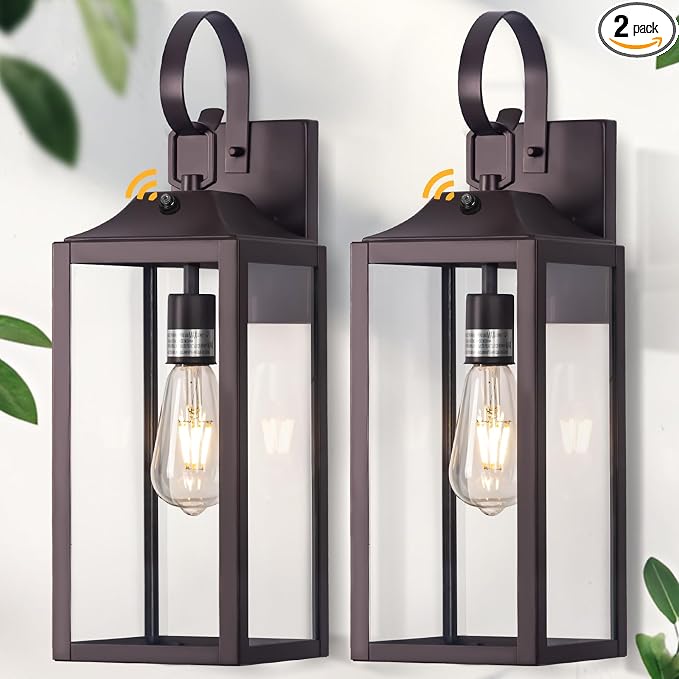 19" Large Dusk to Dawn Outdoor Lighting Bronze 2 Pack | Anti Rust Outdoor Wall Sconce Lantern Lamp, Waterproof Sensor Exterior Light Fixtures, Porch Light for Doorway, Garage, Patio