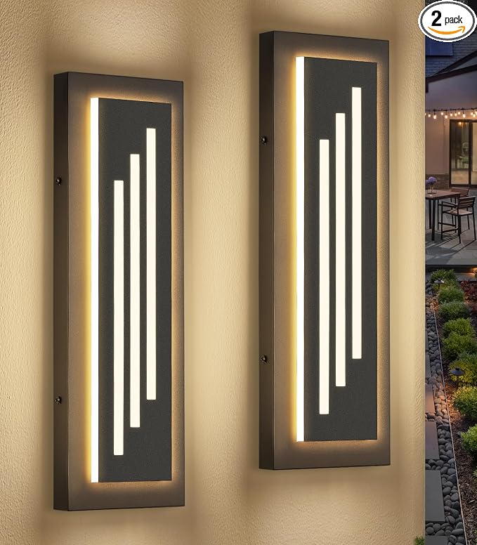 tewei 15.7'' Outdoor Wall Lights Modern Black LED Outdoor Wall Sconce, Large Long Exterior Lighting Fixtures, 3000K Waterproof Front Porch Lights Outside Lights for House, Garage, Indoor, 2 Pack