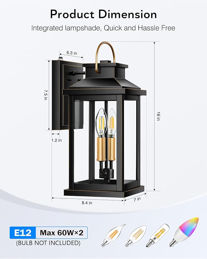 VIANIS Large Porch Lights Outdoor Dusk to Dawn, Black Gold Trim, Anti-Rust | Waterproof Exterior Lighting Fixtures Wall Mount for House, Outdoor Sconces Wall Lighting for Patio, Coach Lights for Garage