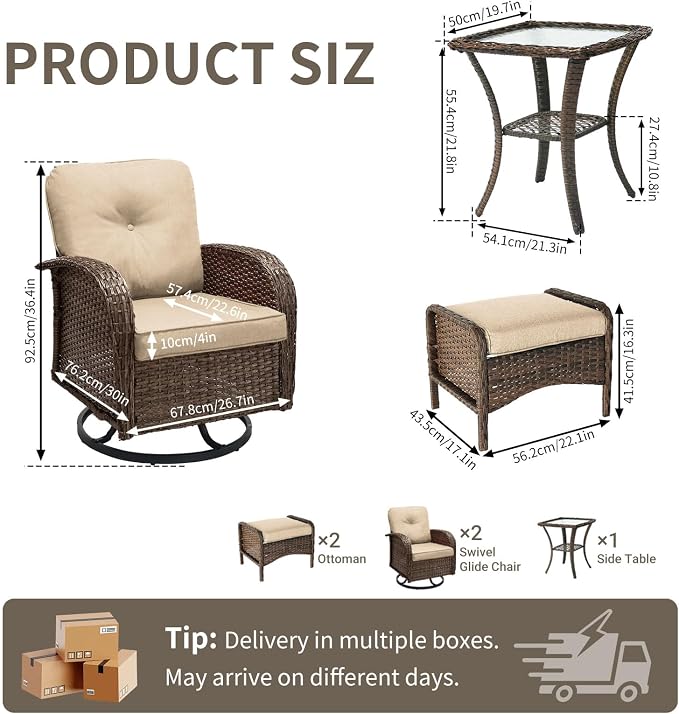 All Weather Patio Furniture Set, High Back Swivel Rocker Glider Chairs，Ottomans & Glass Tables, Outdoor Conversation Set for Deck Porch Yard Poolside (Brown, 5PCS-Swivle Chairs&Ottomans&Table)