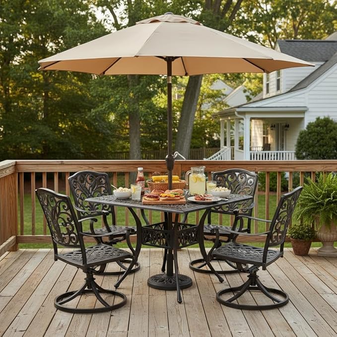 Tangkula 35.4 Inches Outdoor Dining Table, All-Weather Cast Aluminum Table with Umbrella Hole, 4 Person Square Dining Table for Garden, Backyard and Poolside