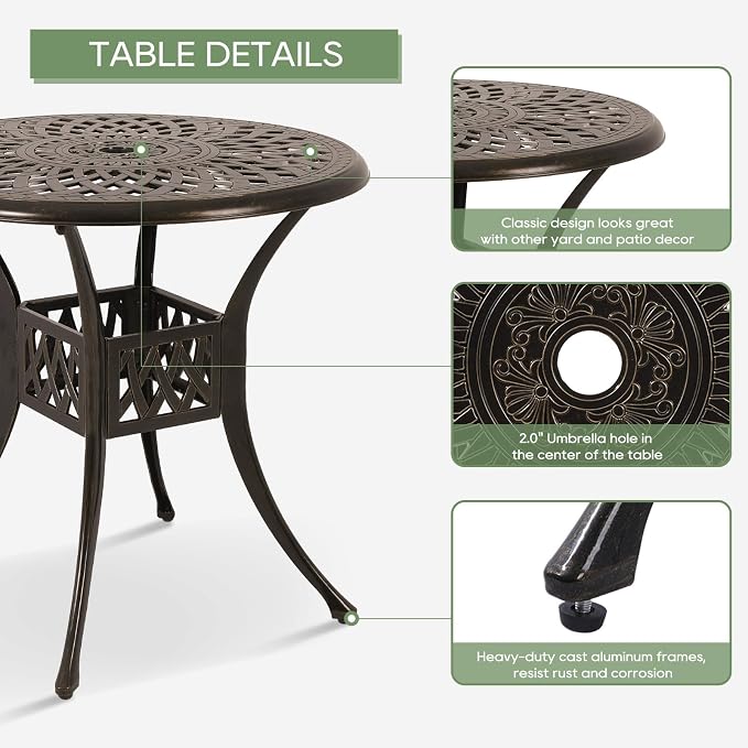 Patio Dining Table,Cast Aluminum Patio Table with Umbrella Hole, Outdoor Bistro Table for Backyard, Garden, Patio (31" Round Table)