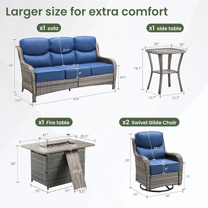 Luxury Patio Furniture Set with 6-inch Thick Cushion, Outdoor Furniture with Fire Pit Table, Swivel Chairs, Side Table, Sofa, 5pcs Wicker Conversation Set (Grey Wicker/Blue Cushion)