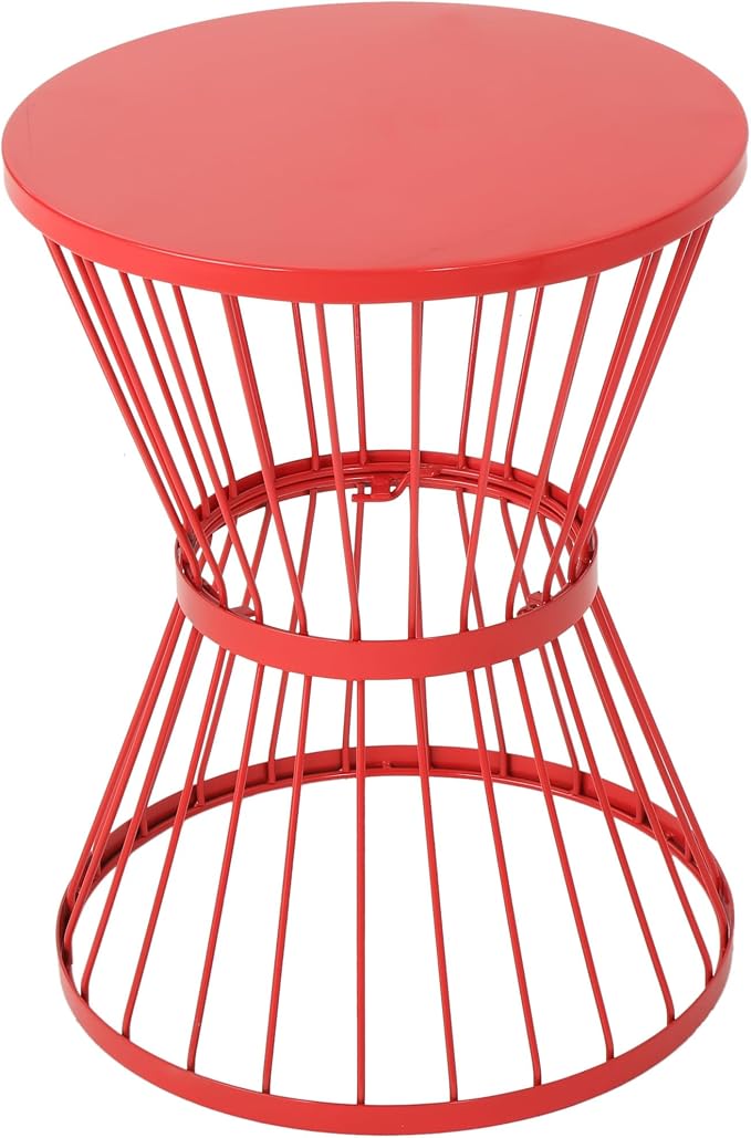 Small Patio Side Table, Metal Outdoor End Table, Round Accent Table for Balcony Garden Porch, with Modern Wire Frame, Lightweight for Outdoor Indoor Use, Red (Red)