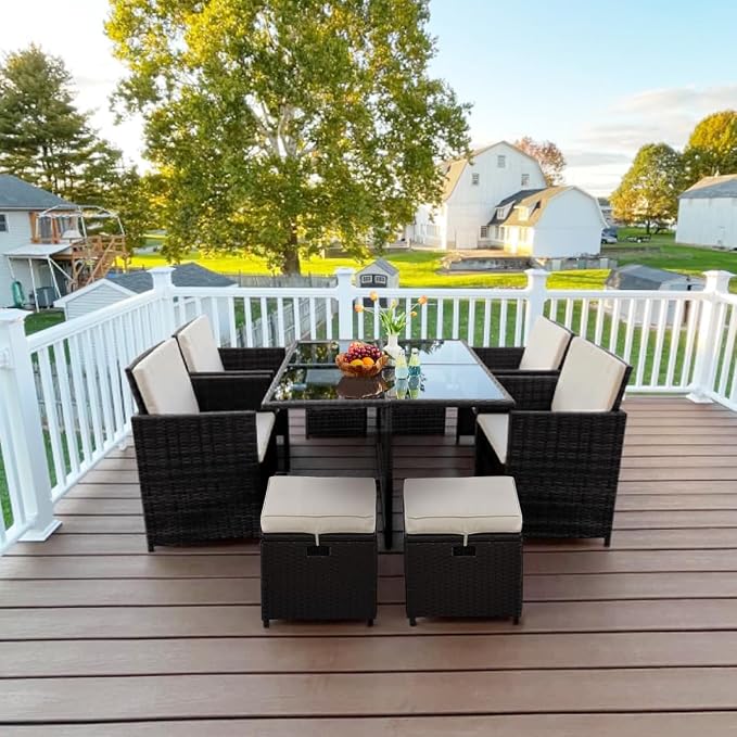 Topeakmart 8 Seater Rattan Garden Furniture Sets Dining Glass Table and Chairs with Cushions, Outdoor Wicker Patio Sectional Conversation Set, Black