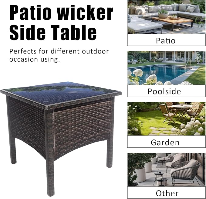 Rattan Side Table,Outdoor Patio Wicker Table,Modern Patio End Side Table with Glass Countertop and Storage Space,for Garden Balcony Porch (Brown2)