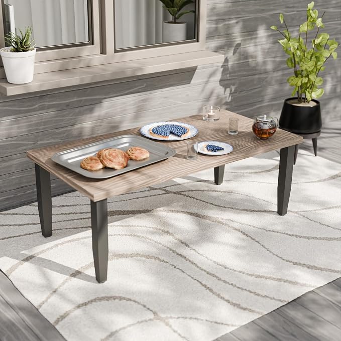 Modern Outdoor Coffee Table, Wood Grain Top Patio Rectangle Table for Deck, Porch, Garden, Weather Resistant Steel Frame, Brown