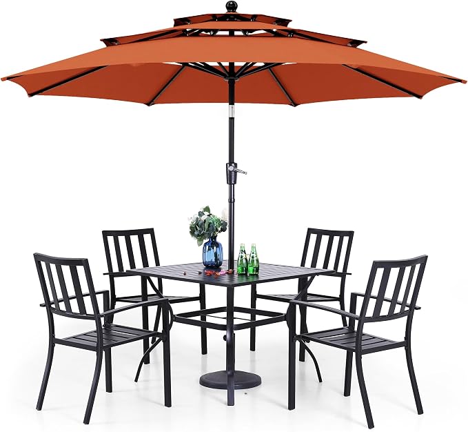 PHI VILLA 5 Pcs Outdoor Dining Set with 10ft Umbrella | 37" Square Metal Dining Table & 4 Stacking Metal Chair with 3 Tier Red Umbrella for Patio, Deck, Yard, Porch