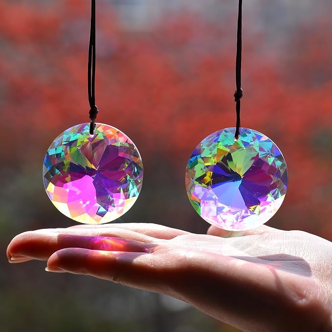 2PCS Circle Crystal Suncatcher Prisms for Windows (Circle ABColor) | AB Color, Transparent, K9 Glass, Rainbow Maker, with Hooks & Cord