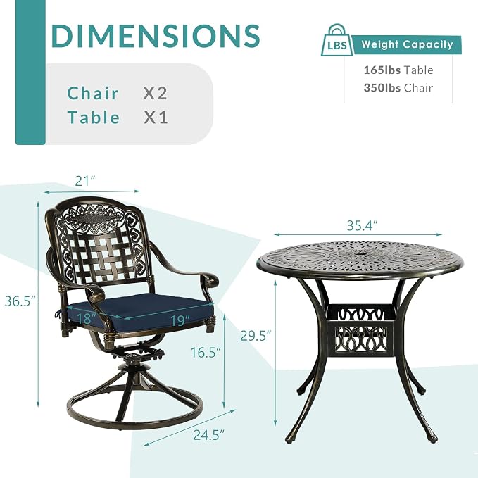 MEETWARM 3-Piece Outdoor Patio Dining Set, All-Weather Cast Aluminum Patio Conversation Set, 2 Cushions Swivel Rocker Chairs and 35.4" Round Table for Backyard Garden Deck, Umbrella Hole, Navy Blue