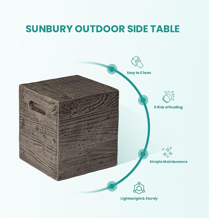 SUNBURY Outdoor Side Table, Faux Wooden Concrete Side Table, Square Lightweight End Table, Patio Accent Stump Stool Decorative for Planter Stand, Deck or Garden, Antique Black