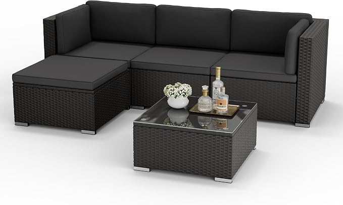 Oakcloud 5-Piece Outdoor Patio Furniture Sofa Set Black Rattan Wicker Sectional Conversation Sets with Glass Top Table and Cushions(Grey)
