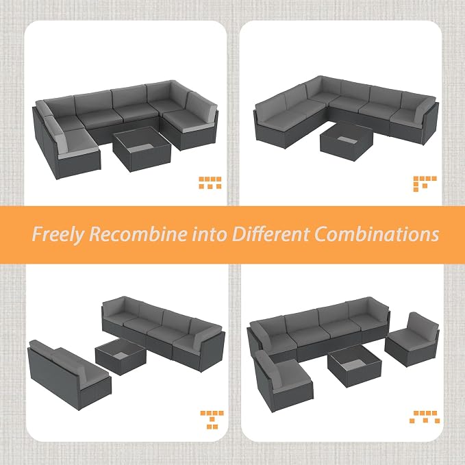 AECOJOY 7 Piece Outdoor Patio Furniture Set, Outdoor Sectional Conversation Furniture Chair with Coffee Table,Patio Sectional for Garden,Backyard(Grey Cushions and Black PE Rattan)