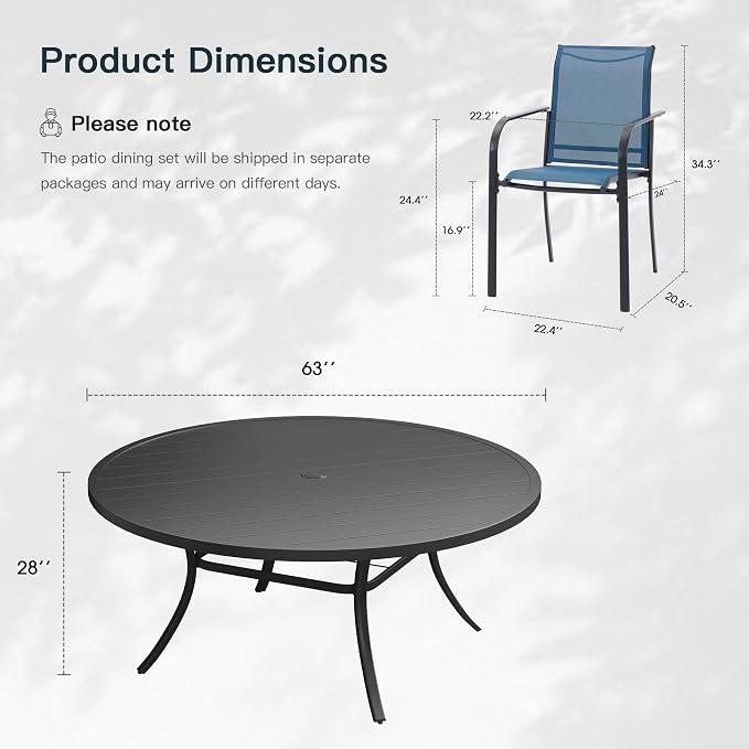 VICLLAX 11 Pieces Patio Outdoor Dining Set, 63" Round Metal Table with Umbrella Hole and 10 Stackable Textilene Chairs for Patio, Lawn, Garden, Porch, Black/Dark Blue