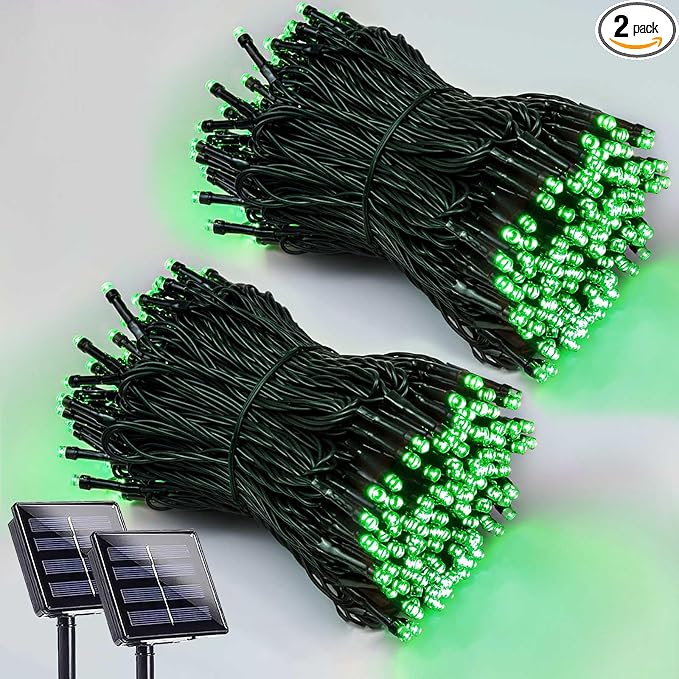 Solar Christmas Lights Outdoor 2 Pack 200 LED Solar Halloween Lights Green | 8 Lighting Modes, Memory Function, Auto On/Off, 66FT Waterproof Twinkle Lights for Outside Xmas Tree Halloween Party Decor