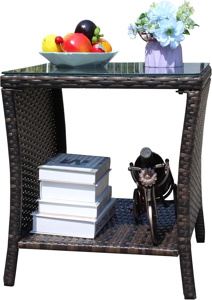 IRONORA Outdoor Wicker Side Table Patio Side Tables for Outside, Tempered Glass Top Wicker Table with Storage End Table for Balcony Porch Deck