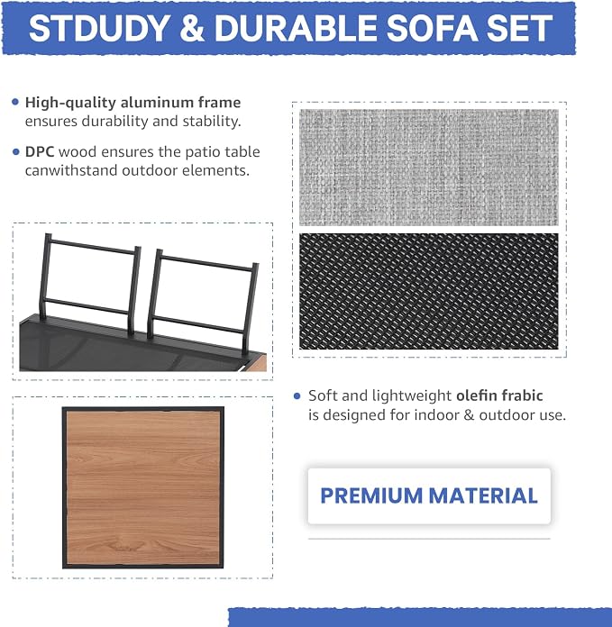SUNSITT 4-Piece Outdoor Patio Furniture Set L-Shaped Aluminum Sectional Sofa with Faux Wood Grain Top Coffee Table, All-Weather Patio Conversation Set with Cushions, Light Grey