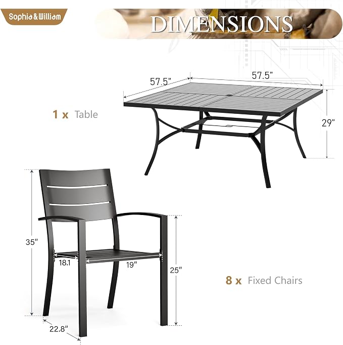 Sophia & William Patio Table and Chairs Set, Outdoor Dining Set for 8, 9 Piece Metal Patio Furniture, 57.5" Black Square Table