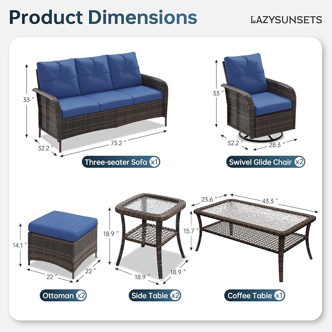 LazySunsets Luxury 9-Piece Patio Furniture Set, 360° Swivel Chairs, Wicker Rattan Sofa with Thick Cushion, Outdoor Conversation Set for Backyard, Poolside & Garden, Brown/Navy Blue