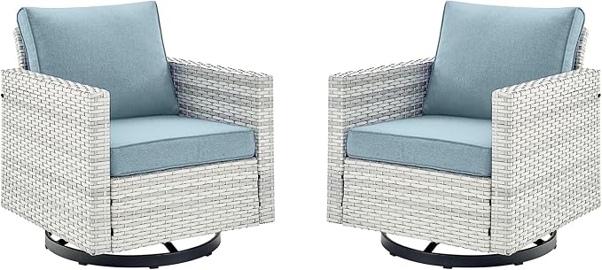 Outdoor Patio Swivel Rocker Chairs - Wicker Patio Swivel Rocking Chairs Set of 2 with Waterproof Wicker,Comfortable Cushions and Sturdy Metal Frame for Outside Porch Deck Backyard(Light Grey/Sky Blue)