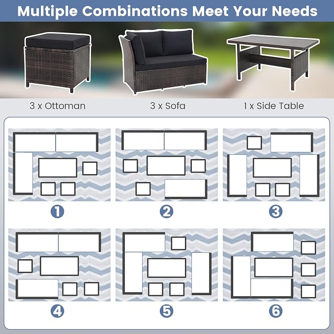 Tangkula 7 Pieces Wicker Patio Furniture Set, Wicker Conversation Set | Outdoor Sect with Coffee Table, Ottomans & White Cushions, Sectional Conversation Sofa Set for Porch, Poolside, Balcony, Yard