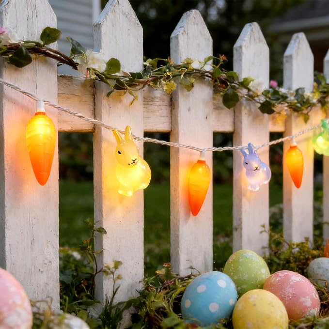 8.5Ft Easter Rabbit String Lights, 10L Plug in Pastel Easter Bunny Carrot Lights Connectable for Outdoor/Indoor Holiday Home Kits Classroom Bedroom Windows Tree Garden Spring Decoration